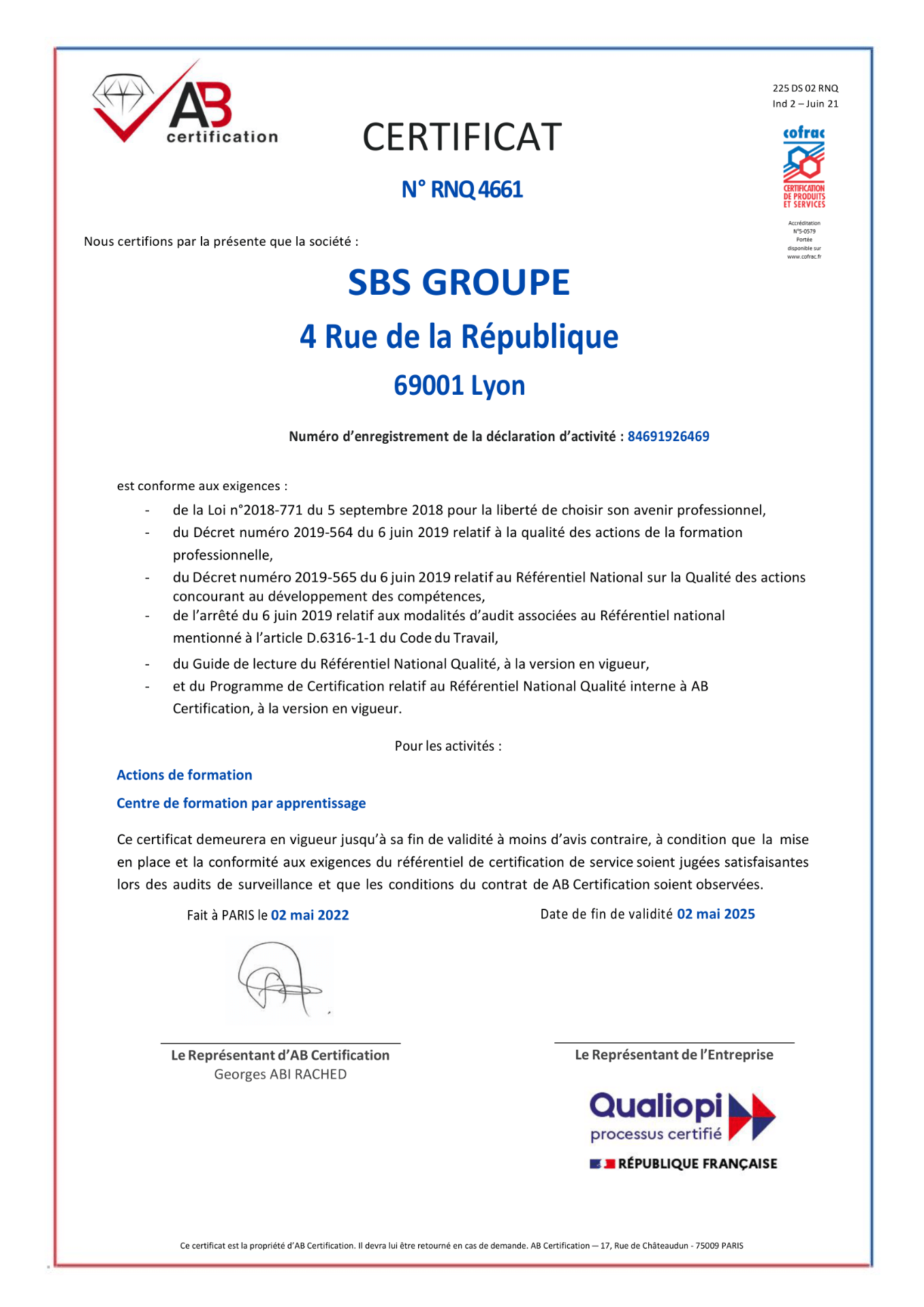 Certificat Qualiopi N° RNQ 4661 - My Sales Academy